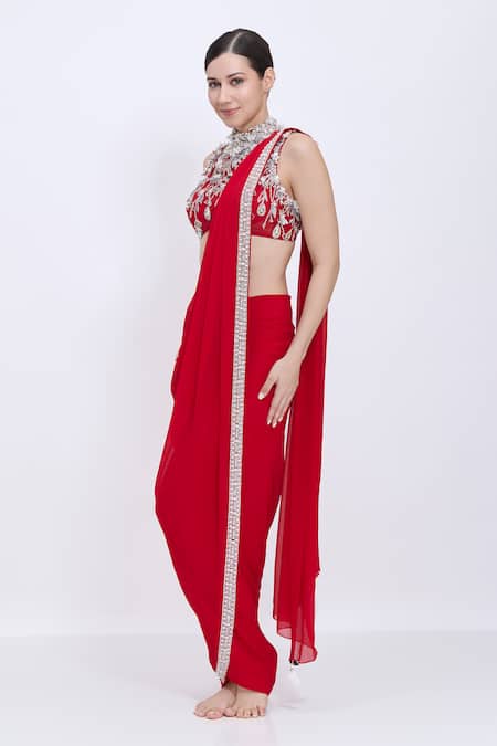 Dilnaz_Red Georgette, Net, Asymmetric Embroidered Blouse With Pre-draped Saree _at_Aza_Fashions