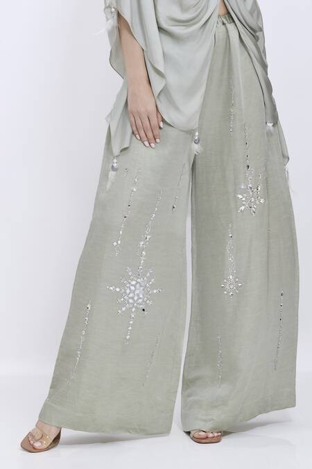 Dilnaz_Gray Linen Mirrors, Embroidery Snowflake Hand Palazzo _Online_at_Aza_Fashions