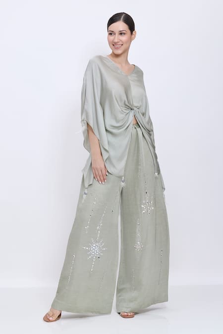 Dilnaz Gray Linen Mirrors, Embroidery Snowflake Hand Palazzo