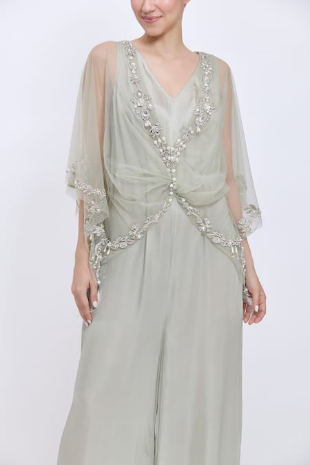 Dilnaz_Gray Net, Satin Stones, Beads, Embroidery, Sequins V-neck Kaftan And Jumpsuit Set _Online_at_Aza_Fashions