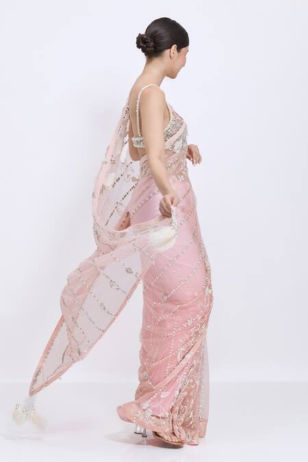 Dilnaz_Pink Net, Satin Fabric Flowers, Pearls, Crystals Hand Embroidered Saree _Online_at_Aza_Fashions