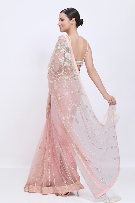 Buy_Dilnaz_Pink Net, Satin Fabric Flowers, Pearls, Crystals Hand Embroidered Saree _Online_at_Aza_Fashions