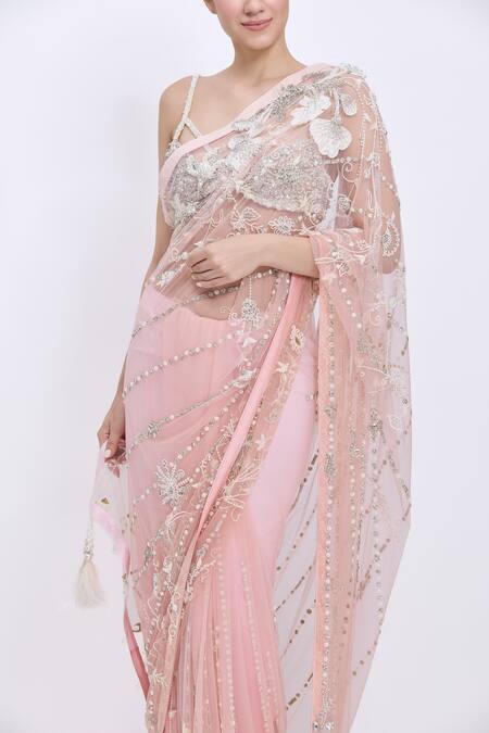 Shop_Dilnaz_Pink Net, Satin Fabric Flowers, Pearls, Crystals Hand Embroidered Saree _Online_at_Aza_Fashions