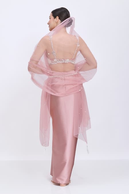 Dilnaz Satin Floral Embroidered Blouse & Draped Skirt Set 