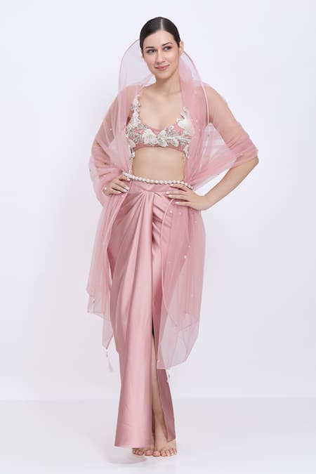 Dilnaz Satin Floral Embroidered Blouse & Draped Skirt Set 
