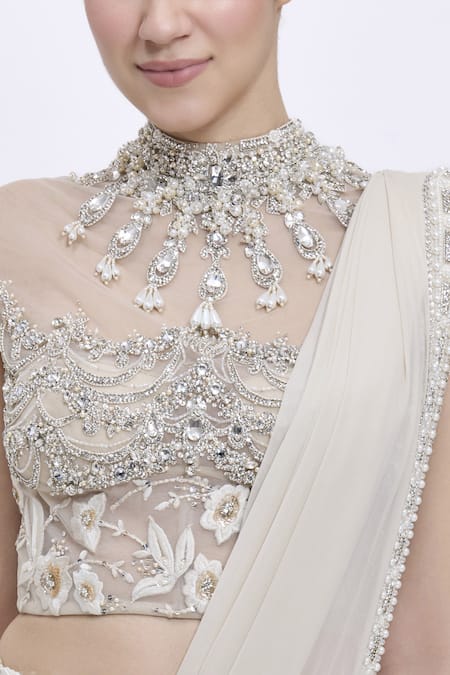 Dilnaz_Beige Net, Polyester, Satin Stones, Beads, Embroidery High Parsi Gara Blouse _Online_at_Aza_Fashions