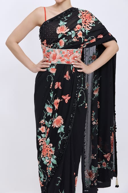 Dilnaz_Gray Embroidery Chrysanthemum Corset Belt _Online_at_Aza_Fashions