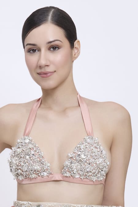Dilnaz_Pink Net, Polyester, Satin Beads, Crystals Halter Neck Grid Hand Embroidered Top _Online_at_Aza_Fashions