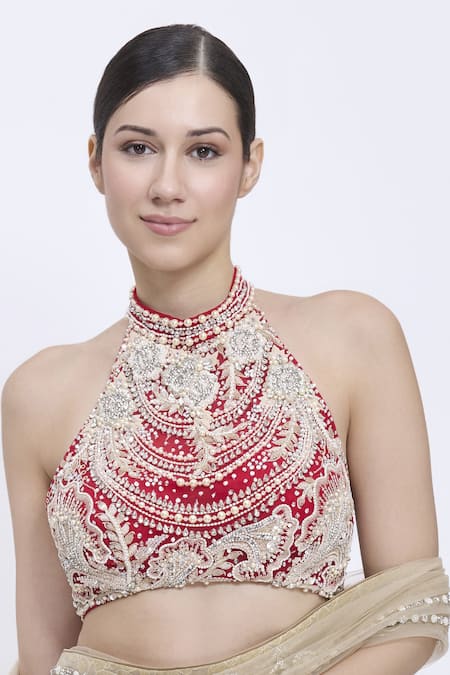 Dilnaz Red Net, Polyester, Satin Beads, Sequins, Stones Halter Hand Embroidered Blouse Online at Aza Fashions Dilnaz_Red Net, Polyester, Satin Beads, Sequins, Stones Halter Hand Embroidered Blouse _Online_at_Aza_Fashions