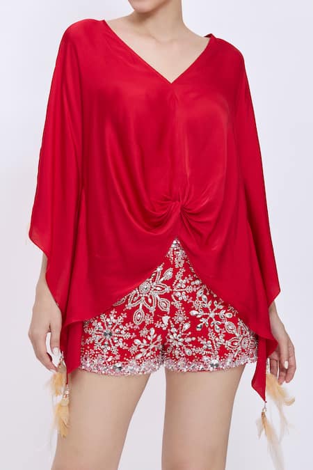 Dilnaz Red Net, Polyester, Satin Sequins, Stones Hand Embroidered Snowflake Shorts Online at Aza Fashions Dilnaz_Red Net, Polyester, Satin Sequins, Stones Hand Embroidered Snowflake Shorts _Online_at_Aza_Fashions