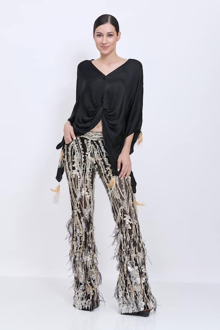 Dilnaz Heavy Disco Acrylic Feather Fringed Trouser 