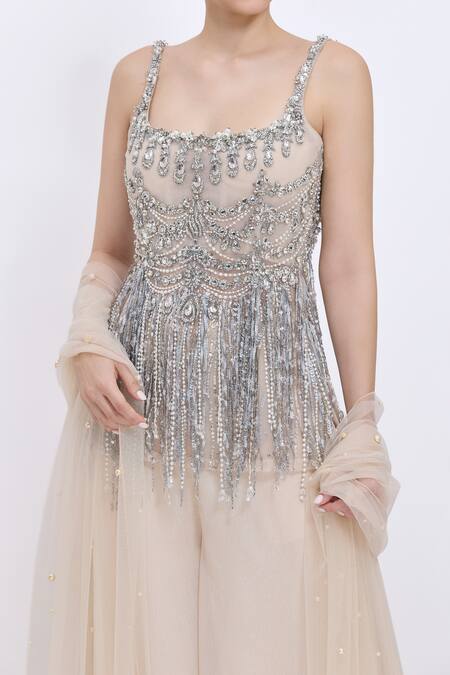 Buy_Dilnaz_Cream Net, Polyester, Satin, Chiffon Embroidery, Jewel Kurta Gharara Set _Online_at_Aza_Fashions