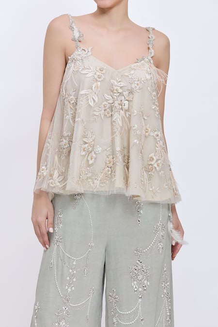 Dilnaz_Cream Net, Polyester, Satin Embroidery, Feathers V-neck Cutwork Top _Online_at_Aza_Fashions
