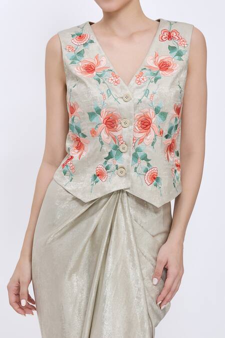 Dilnaz_Gold Polyester, Jacquard Embroidery V-neck Chrysanthemum Waistcoat _Online_at_Aza_Fashions