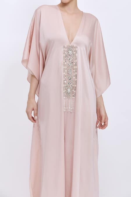 Dilnaz_Pink Satin, Net Stones, Pearls, Embroidery V-neck Hand Kaftan _Online_at_Aza_Fashions