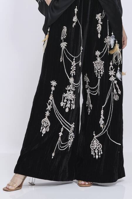 Dilnaz_Black Velvet Stones, Pearls Crushed Hand Embroidered Palazzo _Online_at_Aza_Fashions