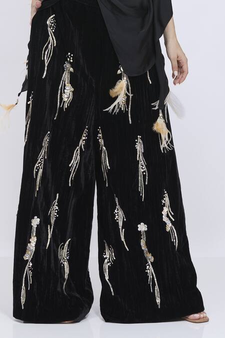 Dilnaz_Black Velvet Sequins, Feathers Crushed Squiggles Palazzo _Online_at_Aza_Fashions
