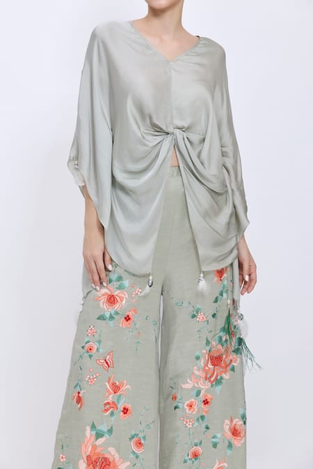 Dilnaz_Gray Satin Tassels V-neck Draped Kaftan  _Online_at_Aza_Fashions