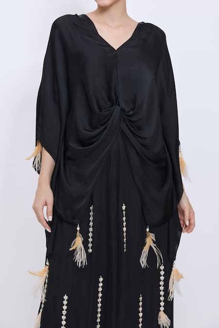 Dilnaz_Black Satin Tassels, Feathers, Sequins V-neck Draped Kaftan And Line Jumpsuit Set _Online_at_Aza_Fashions