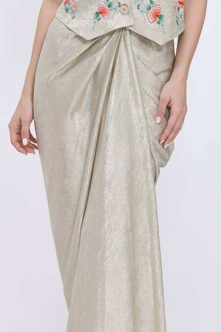 Dilnaz_Gold Foil Draped Wrap Skirt _Online_at_Aza_Fashions