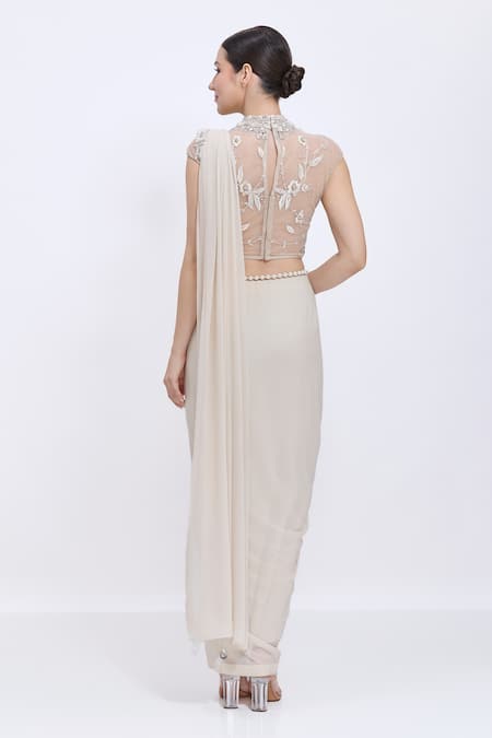 Dilnaz Parsi Gara Embroidered Blouse & Pre-Draped Saree Set 