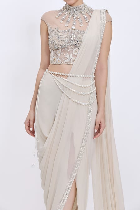 Buy_Dilnaz_Beige Georgette, Net, Polyester, Satin Parsi Gara Blouse And Pre-draped Saree Set _Online_at_Aza_Fashions