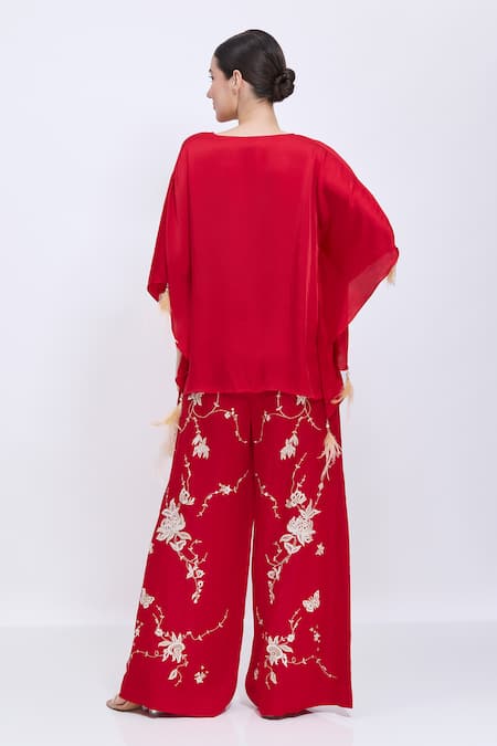 Shop_Dilnaz_Red Linen Embroidery Chrysanthemum Trouser _at_Aza_Fashions
