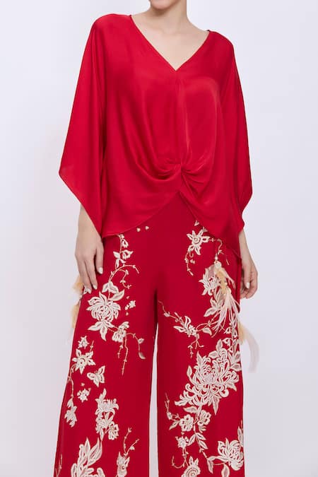 Dilnaz_Red Linen Embroidery Chrysanthemum Trouser _Online_at_Aza_Fashions