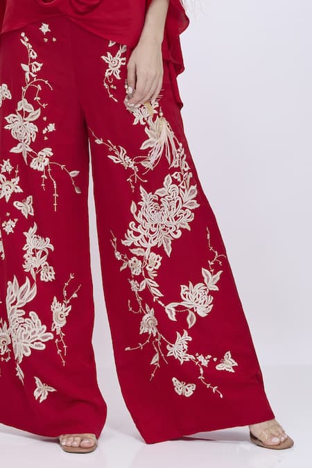 Buy_Dilnaz_Red Linen Embroidery Chrysanthemum Trouser _Online_at_Aza_Fashions