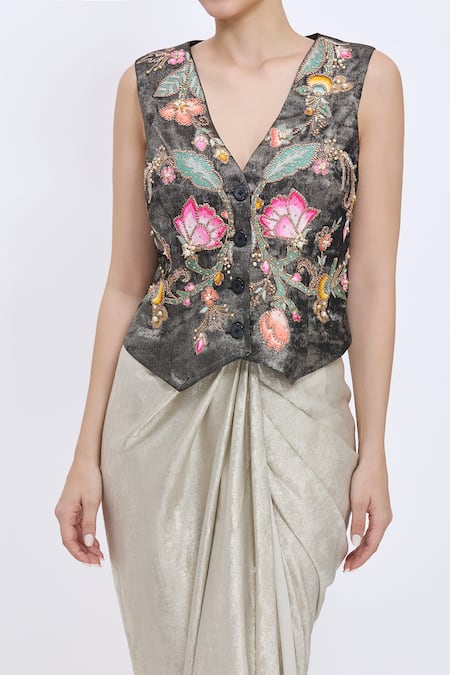 Buy Dilnaz Black Jacquard, Polyester Embroidery, Sequins V-neck Floral Waistcoat Online at Aza Fashions Buy_Dilnaz_Black Jacquard, Polyester Embroidery, Sequins V-neck Floral Waistcoat _Online_at_Aza_Fashions