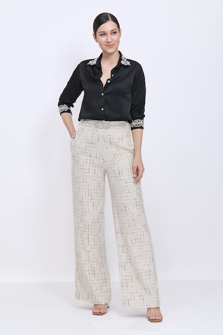 Dilnaz Ivory Tweed, Polyester, Satin Hand Embroidered Waistband Trouser 