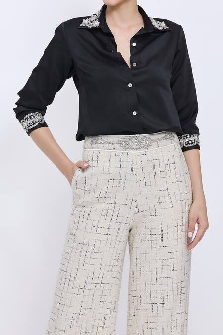 Buy Dilnaz Ivory Tweed, Polyester, Satin Hand Embroidered Waistband Trouser Online at Aza Fashions Buy_Dilnaz_Ivory Tweed, Polyester, Satin Hand Embroidered Waistband Trouser _Online_at_Aza_Fashions