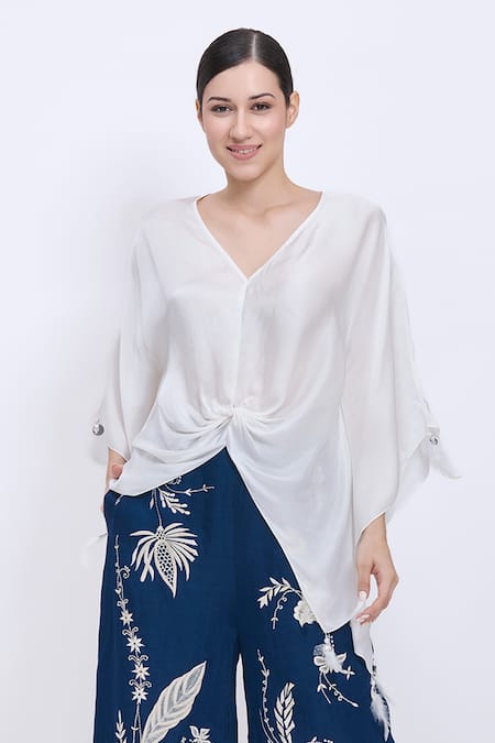 Dilnaz_Blue Linen Embroidery Palm Leaf Machine Palazzo _Online_at_Aza_Fashions