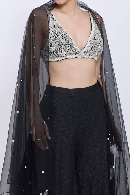 Dilnaz_Off White Net, Polyester, Satin, Chiffon Embellished Blouse And Gharara Set _at_Aza_Fashions