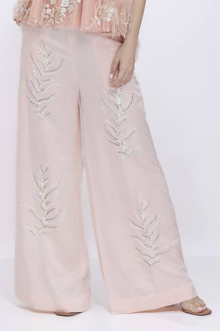 Dilnaz Peach Linen Embroidery, Sequins, Beads Fern Palazzo Online at Aza Fashions Dilnaz_Peach Linen Embroidery, Sequins, Beads Fern Palazzo _Online_at_Aza_Fashions
