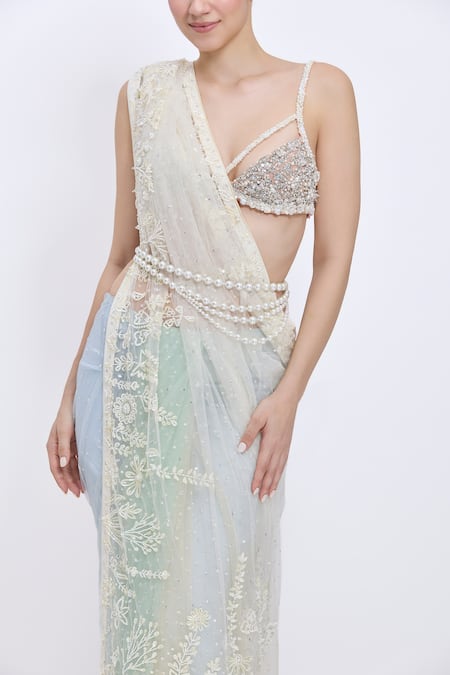 Shop_Dilnaz_Ivory Pearls Asymmetric Cascades Belt _Online_at_Aza_Fashions