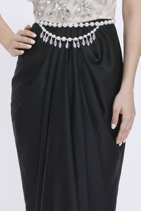 Dilnaz_Ivory Pearls, Crystals And Drop Cascade Belt _Online_at_Aza_Fashions