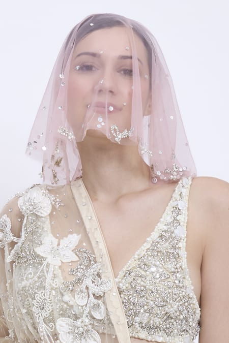 Dilnaz_Pink Little Leaves Work Head Veil _Online_at_Aza_Fashions