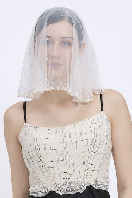 Dilnaz_Ivory Hand Embroidered Pearl Head Veil _Online_at_Aza_Fashions