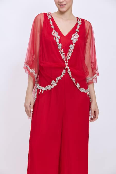 Dilnaz_Red Net, Satin Stones, Embroidery V-neck Kaftan And Jumpsuit Set _Online_at_Aza_Fashions