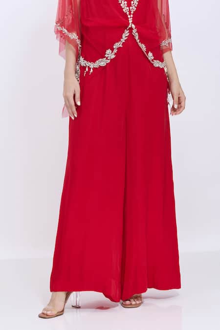 Buy_Dilnaz_Red Net, Satin Stones, Embroidery V-neck Kaftan And Jumpsuit Set _Online_at_Aza_Fashions