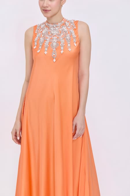 Dilnaz_Orange Silk, Polyester, Satin Beads, Stones High Neck Bodice Embellished Gown _Online_at_Aza_Fashions