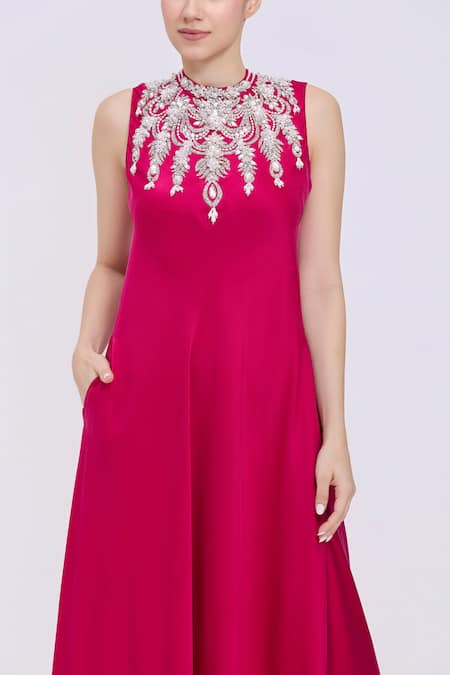 Dilnaz_Fuchsia Silk, Polyester, Satin Stones, Embroidery Jewel Necklace Bodice Gown _Online_at_Aza_Fashions