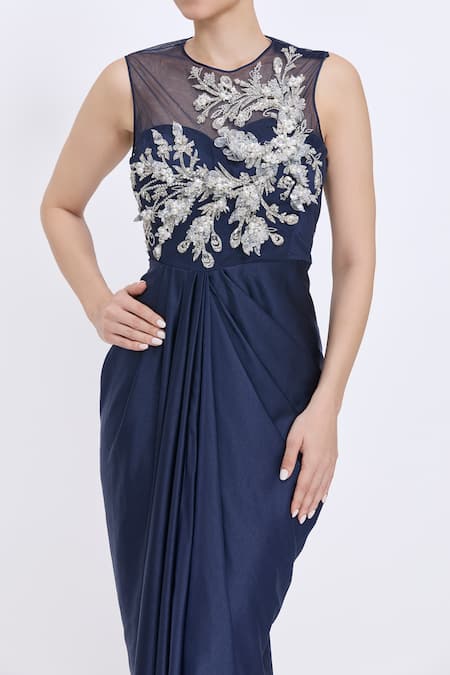 Dilnaz_Navy Satin, Net, Polyester Embroidery Round Neck Windwept Daalis Draped Gown  _Online_at_Aza_Fashions