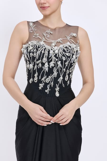 Dilnaz_Black Satin, Net, Polyester Sequins, Stones Round Neck Daalis Bodice Gown _Online_at_Aza_Fashions