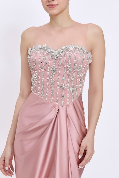 Dilnaz_Pink Satin, Net, Polyester Beads, Stones Sweetheart Neck Line Embroidered Gown _Online_at_Aza_Fashions