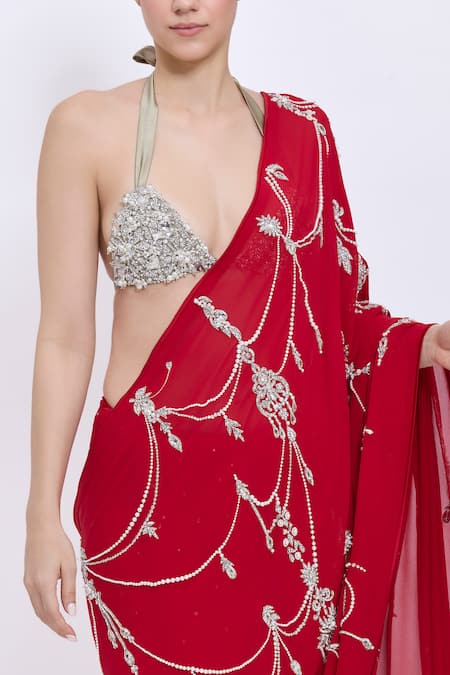 Buy_Dilnaz_Red Georgette, Polyester, Satin Embroidery, Pearls Necklace Saree _Online_at_Aza_Fashions