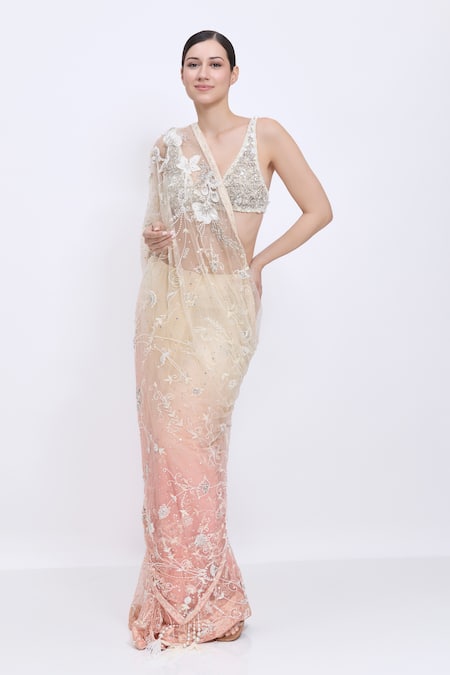 Dilnaz_Cream Net, Satin Embroidery, Stones Shaded Hand Saree _Online_at_Aza_Fashions