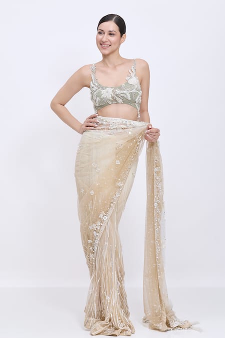 Dilnaz_Gray Net, Polyester, Satin Embroidery, Cut Work Scoop Neck Daalis Blouse _Online_at_Aza_Fashions