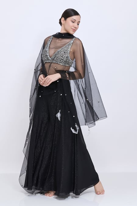 Dilnaz_Black Net, Polyester, Satin Beads, Pearls V-neck Work Blouse _Online_at_Aza_Fashions